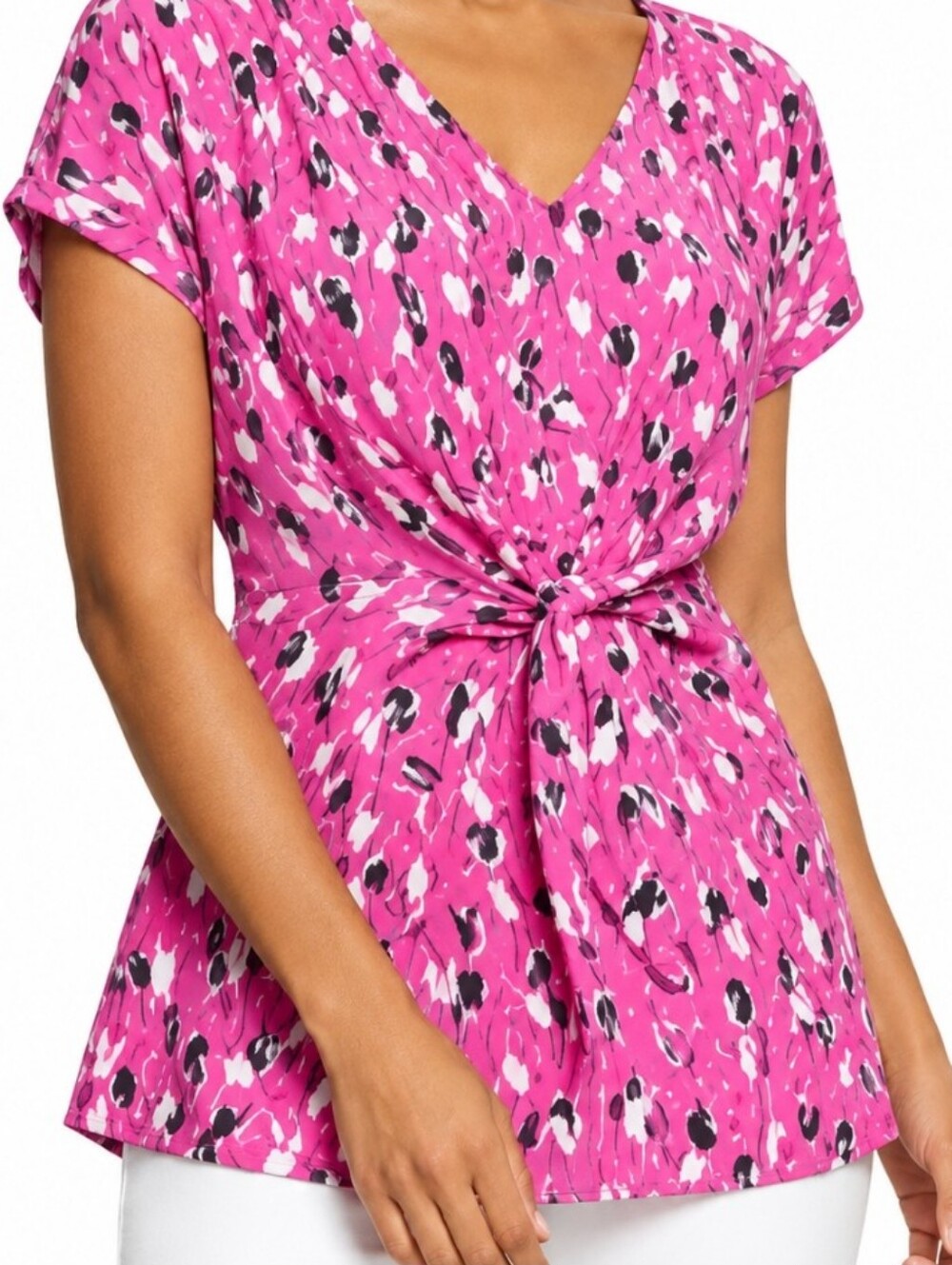 Nic + Zoe Tie Front Blouse Pink Short Sleeve Top Viscose Black White Career LG